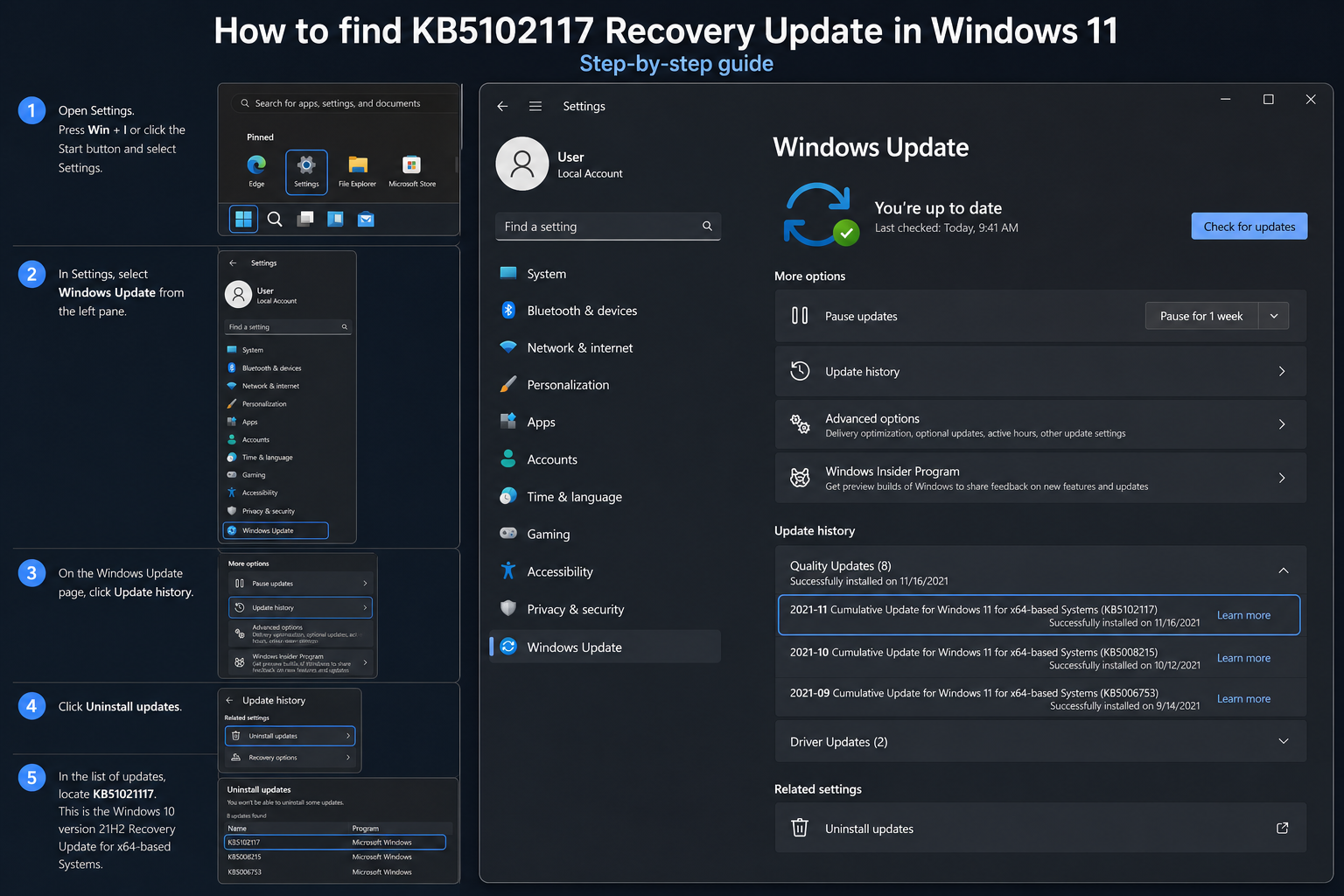 Windows 11 recovery update KB5102117 shown in Windows Update settings panel