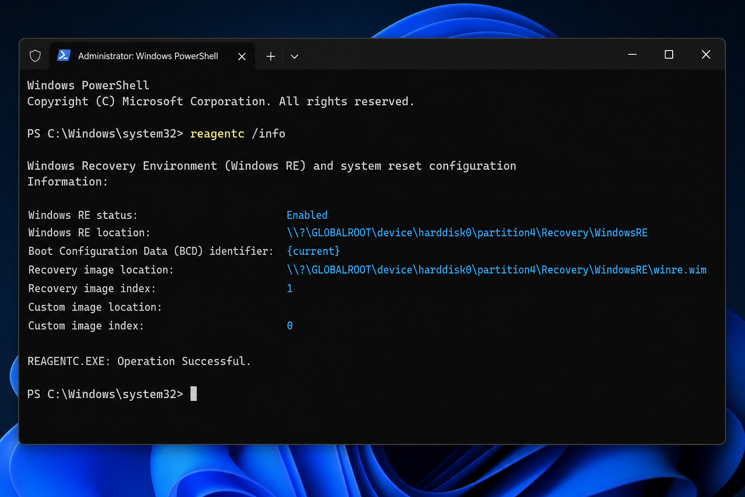 PowerShell command confirming Windows 11 KB5102117 recovery update is applied