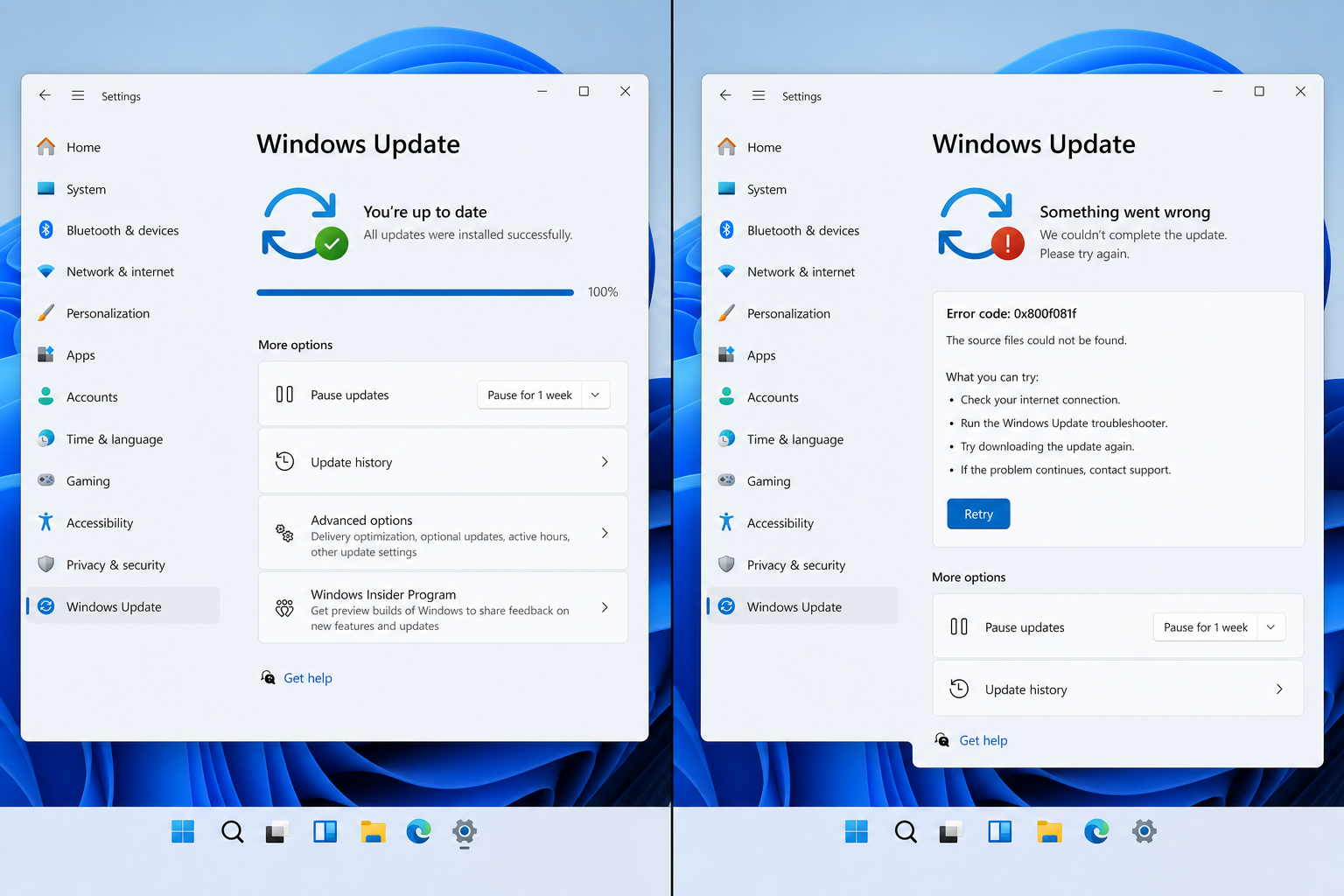 Windows quality update reliability improvements shown in Windows Update interface