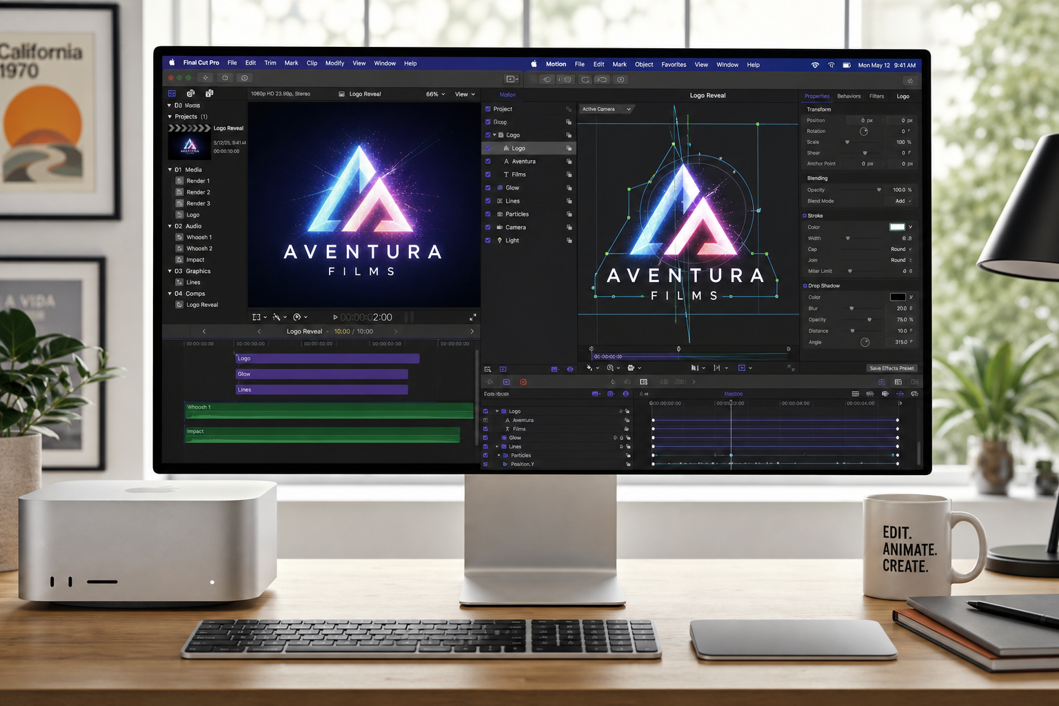 Motion design software Final Cut Pro and Apple Motion displaying vector logo animation