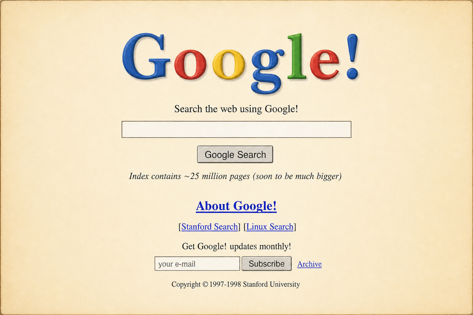 Classic Google homepage search button design from 1998 historical screenshot