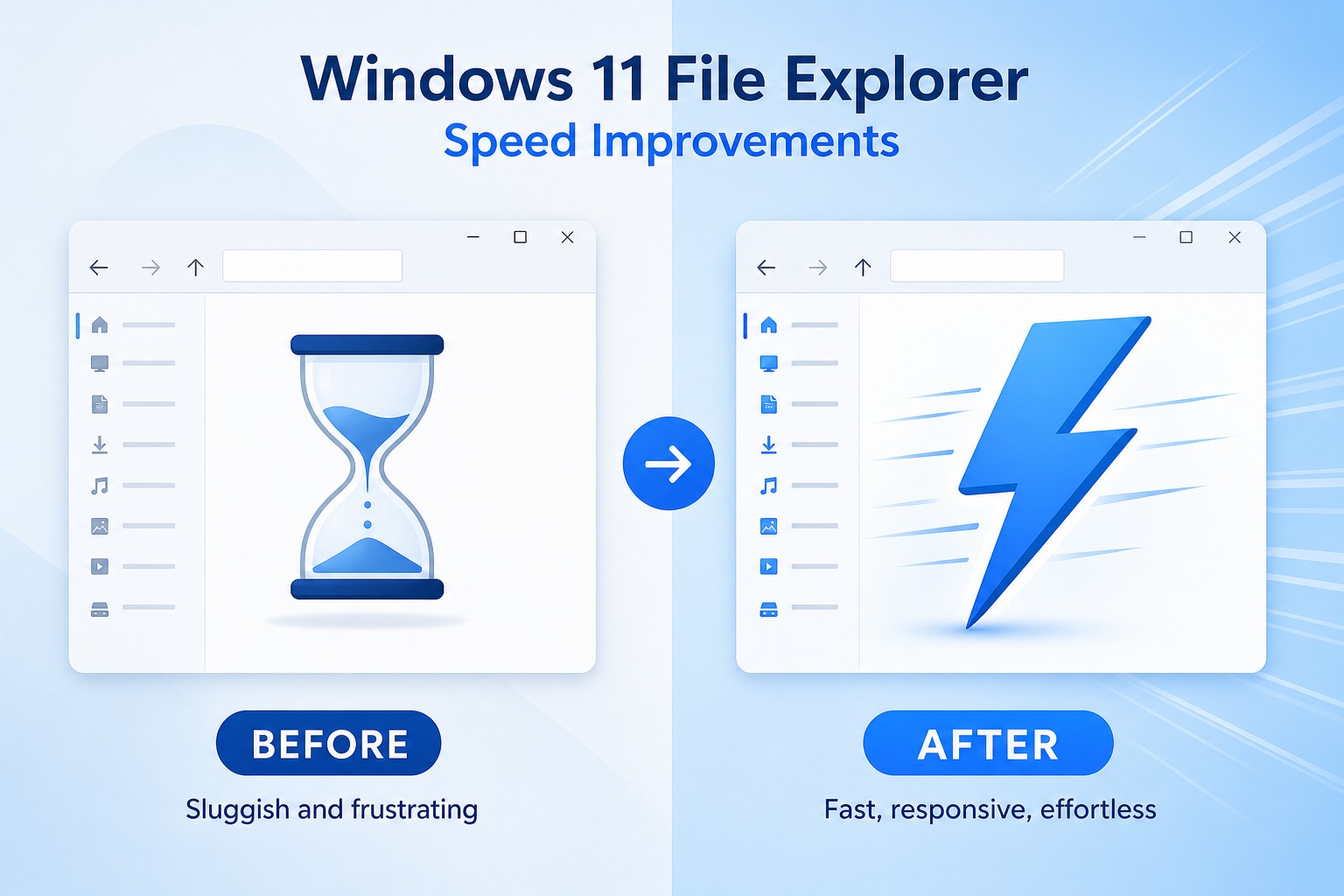 Windows 11 File Explorer speed improvement before and after comparison graphic