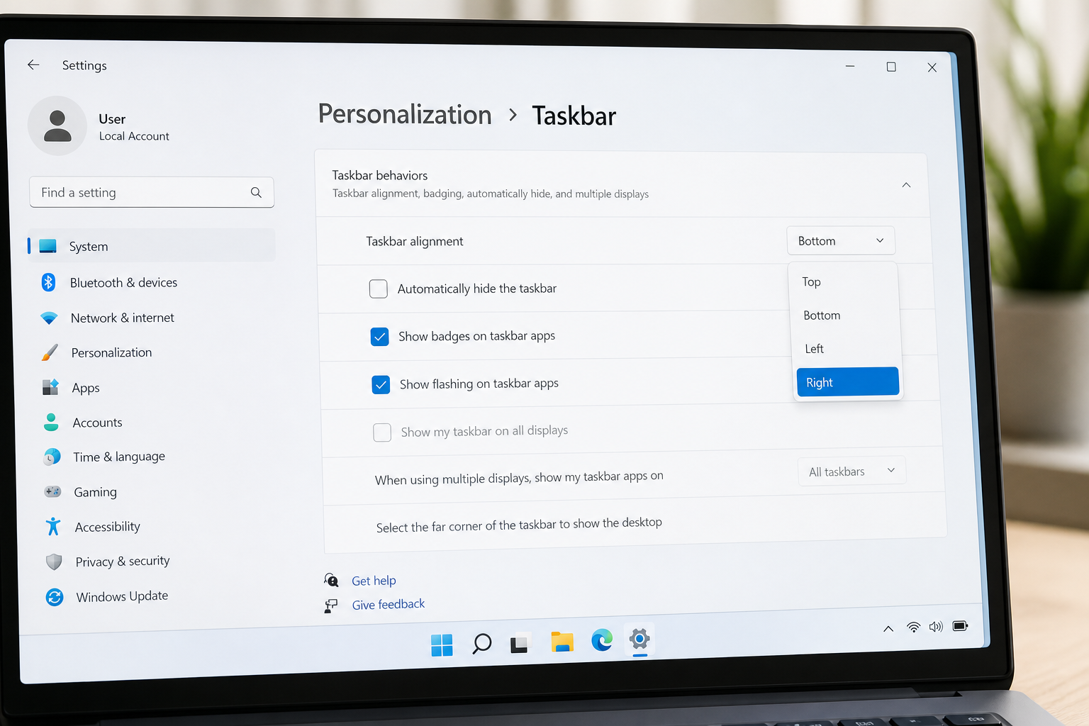 Windows 11 fixes 2026 taskbar position settings panel on laptop screen