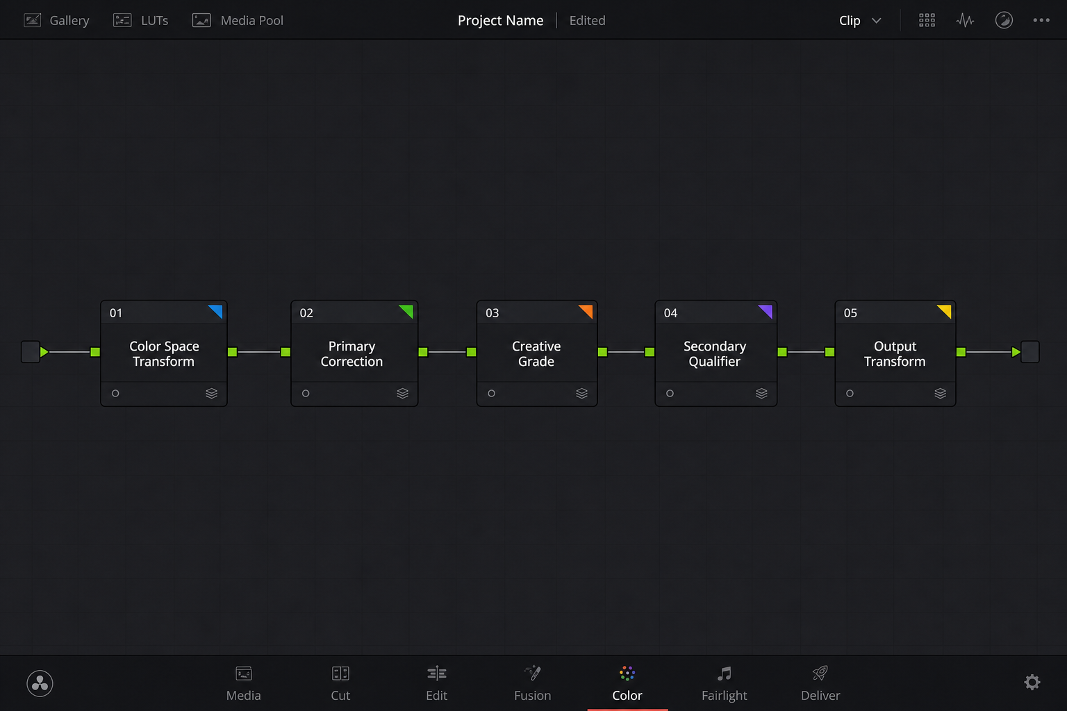 DaVinci Resolve node-based color grading workflow on the Color page