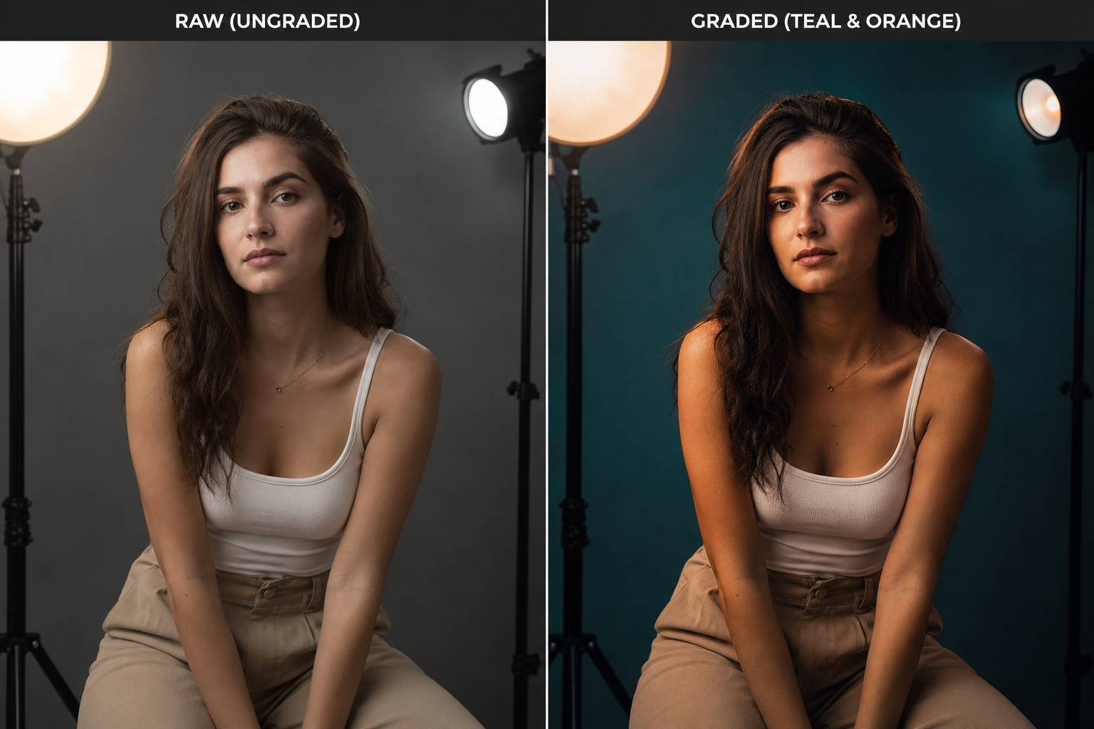 Before and after image color grading comparison showing tonal and hue shifts