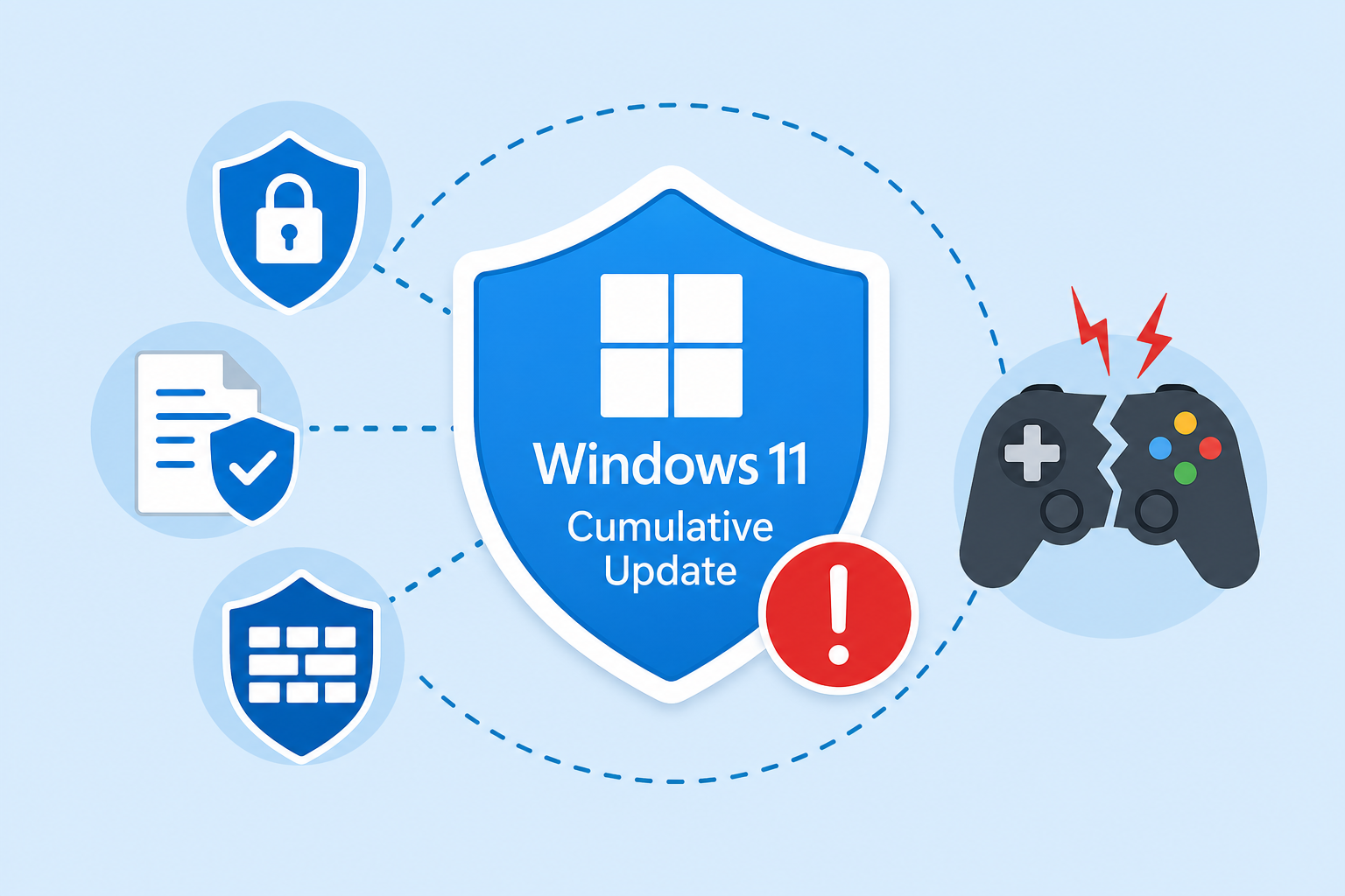 Windows 11 cumulative security update shield with broken game controller icon