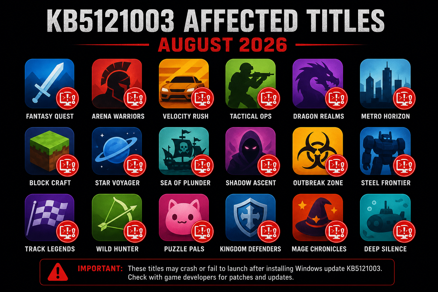 KB5121003 game crashes list of affected Windows 11 gaming titles August 2026