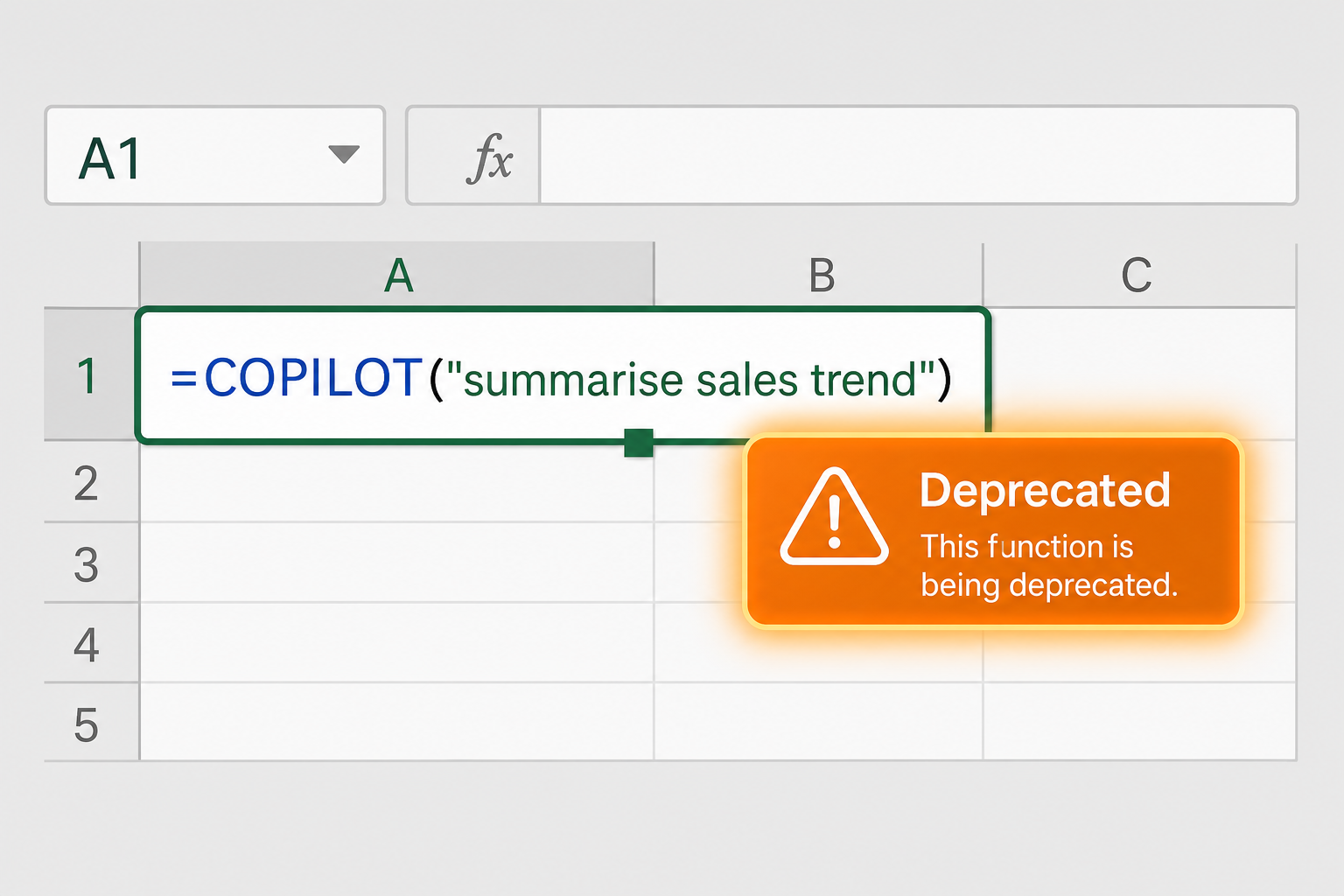 Excel AI formula COPILOT function cell showing deprecation warning badge