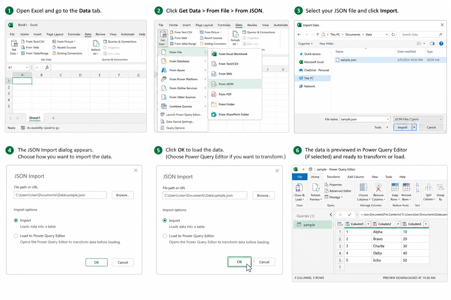 Excel Power Query interface for importing JSON CSV conversion data