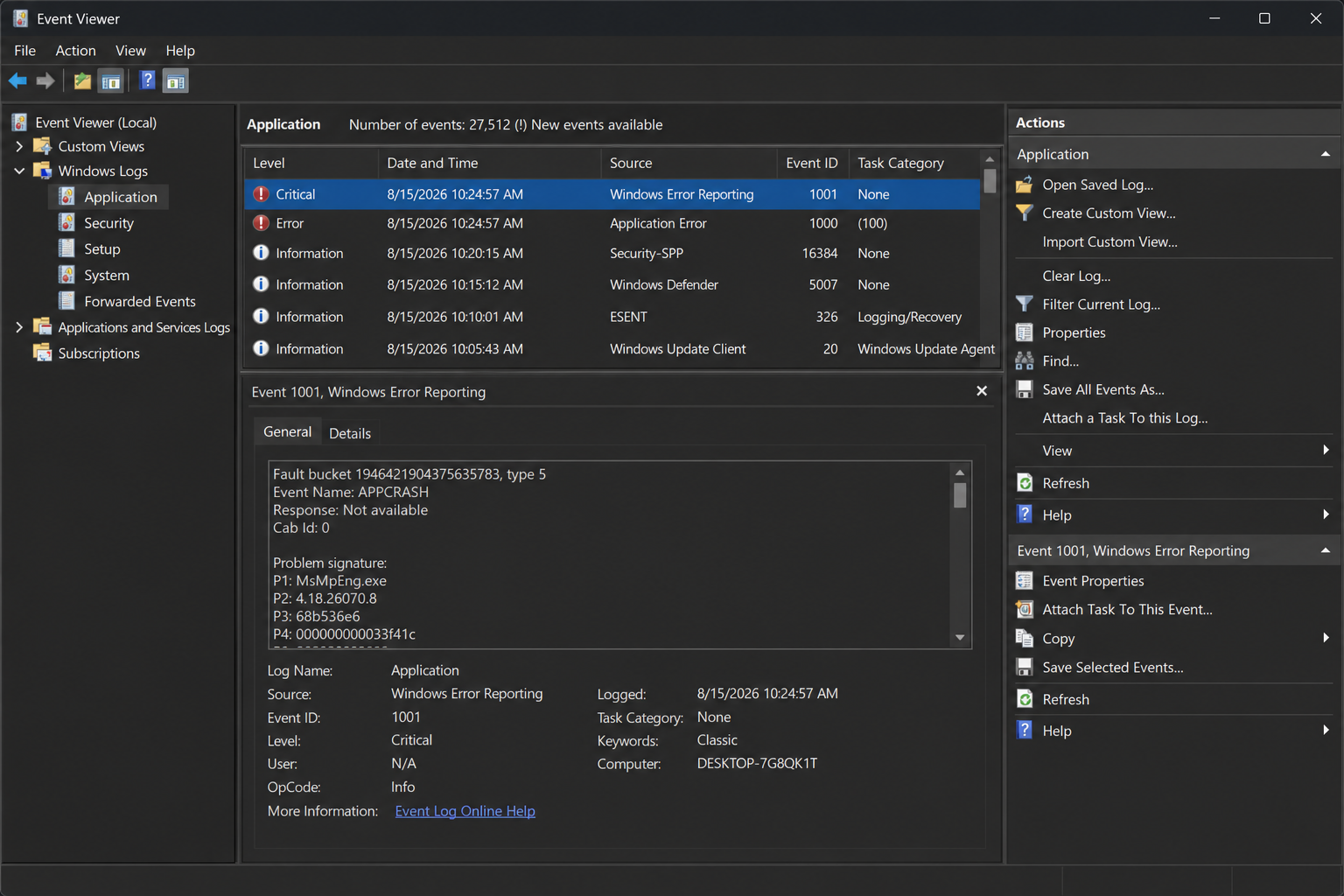 Event Viewer showing Windows Defender MsMpEng.exe crash error log entry