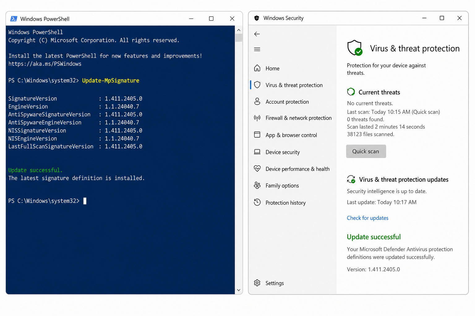 PowerShell command fixing Defender quick scan crash with updated security intelligence