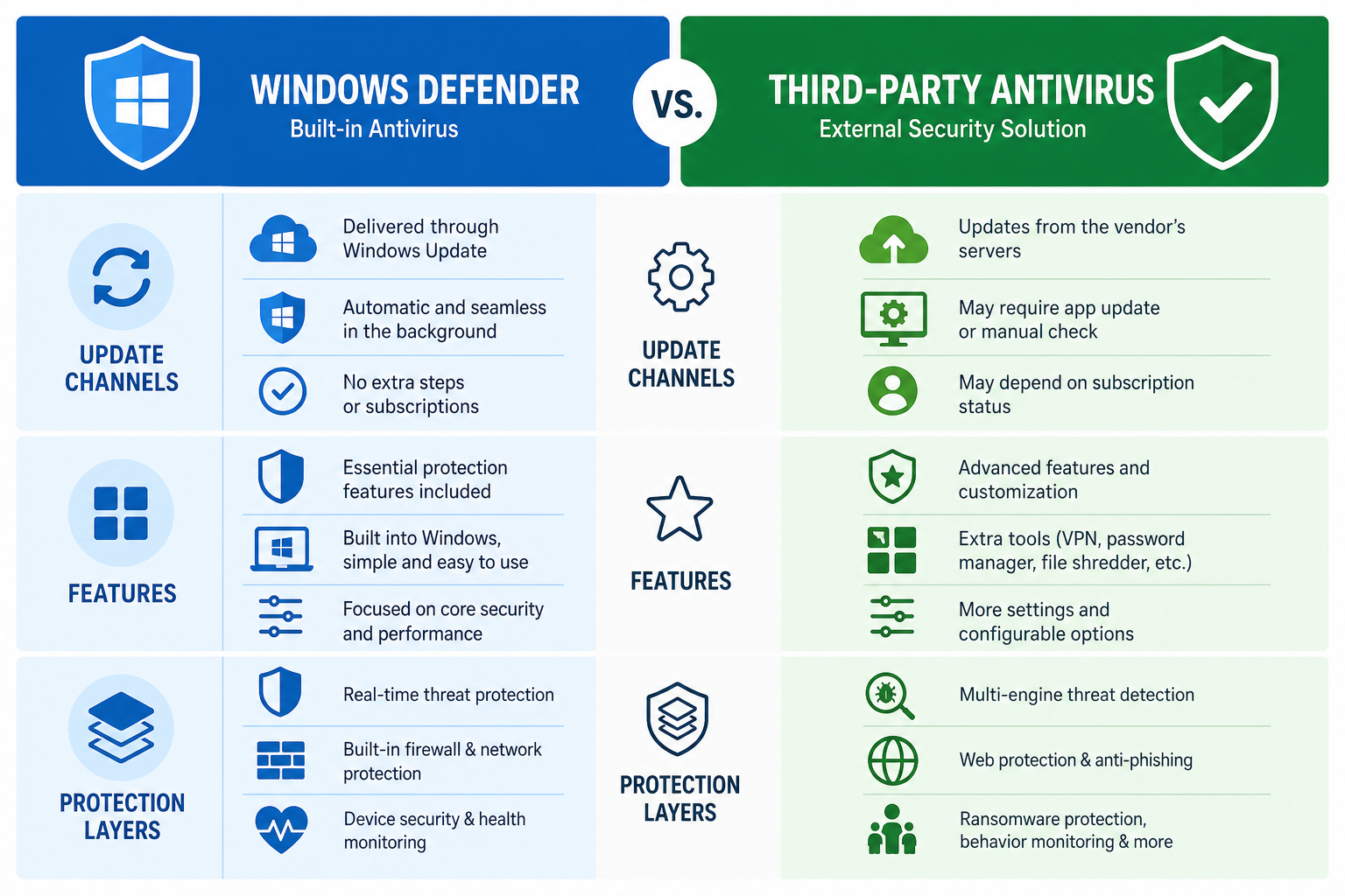 Comparison graphic of Windows Defender versus third-party antivirus protection layers