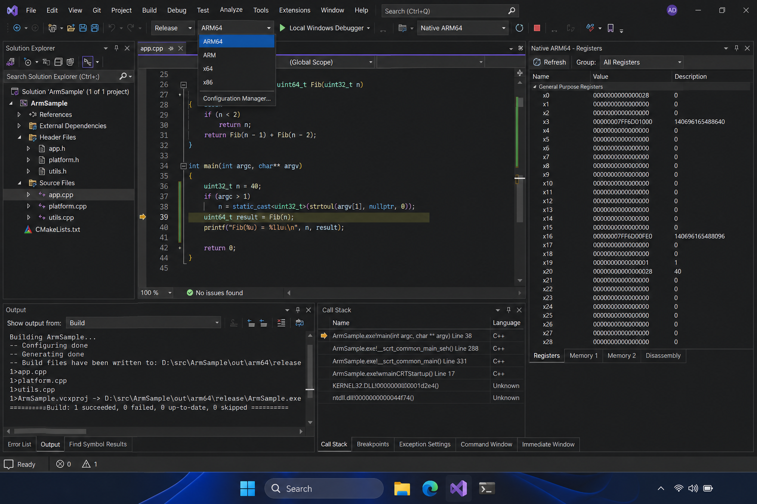 Visual Studio 2026 ARM native development tools and ARM64 debugger panel on Windows 11