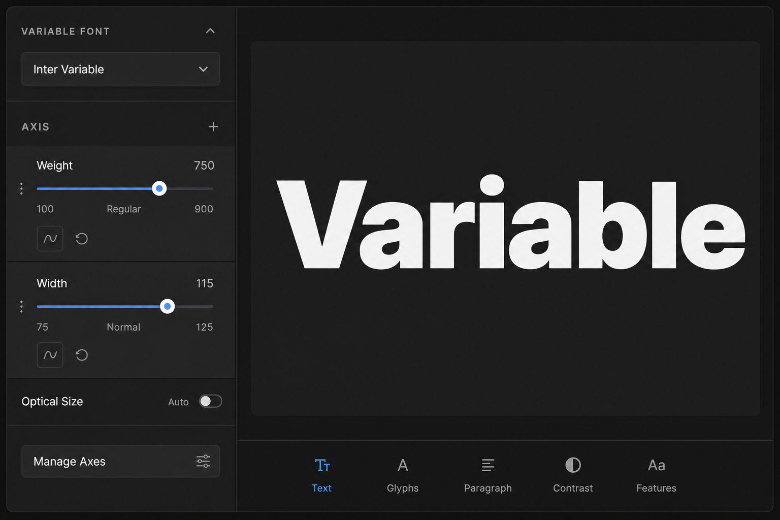 Variable fonts axis slider panel showing weight and width controls in design tool