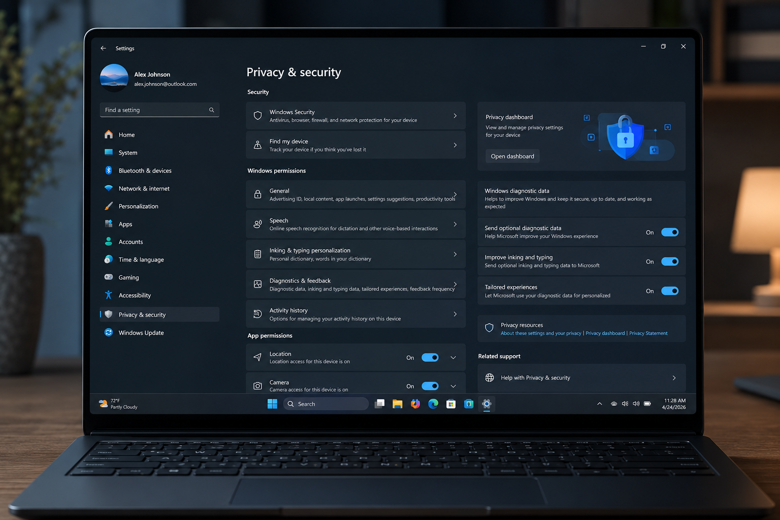Windows 11 privacy & security page showing user Alex Johnson's account, with options for Windows Security, permissions, app settings, and toggle switches for diagnostic data and