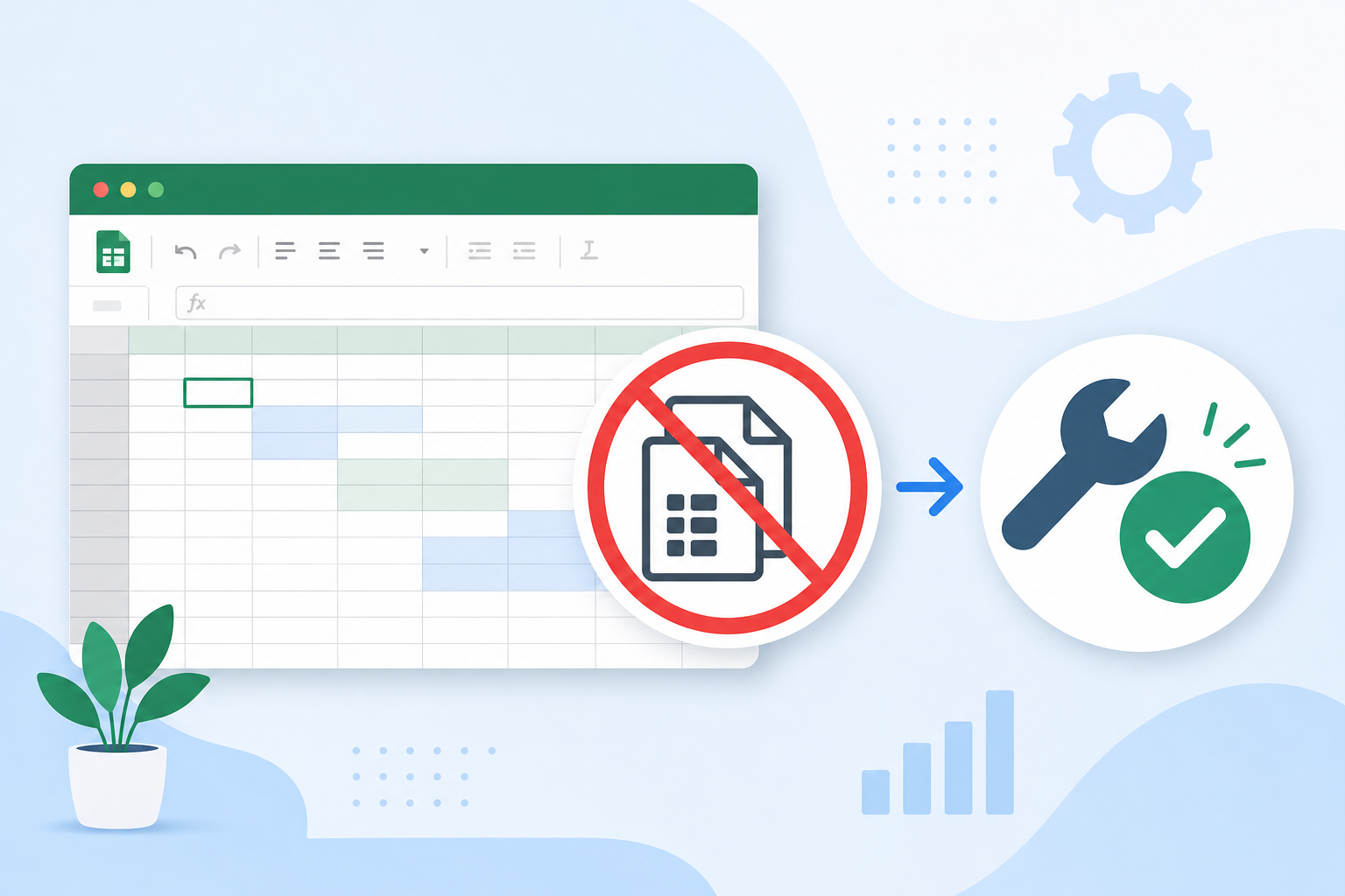 A clean, modern flat-style illustration of a spreadsheet interface with a copy-paste icon crossed out in red, next to a wrench and checkmark icon symbolizing a fix, on a soft blue-and-white office tech background, no visible text, dates, or timestamps