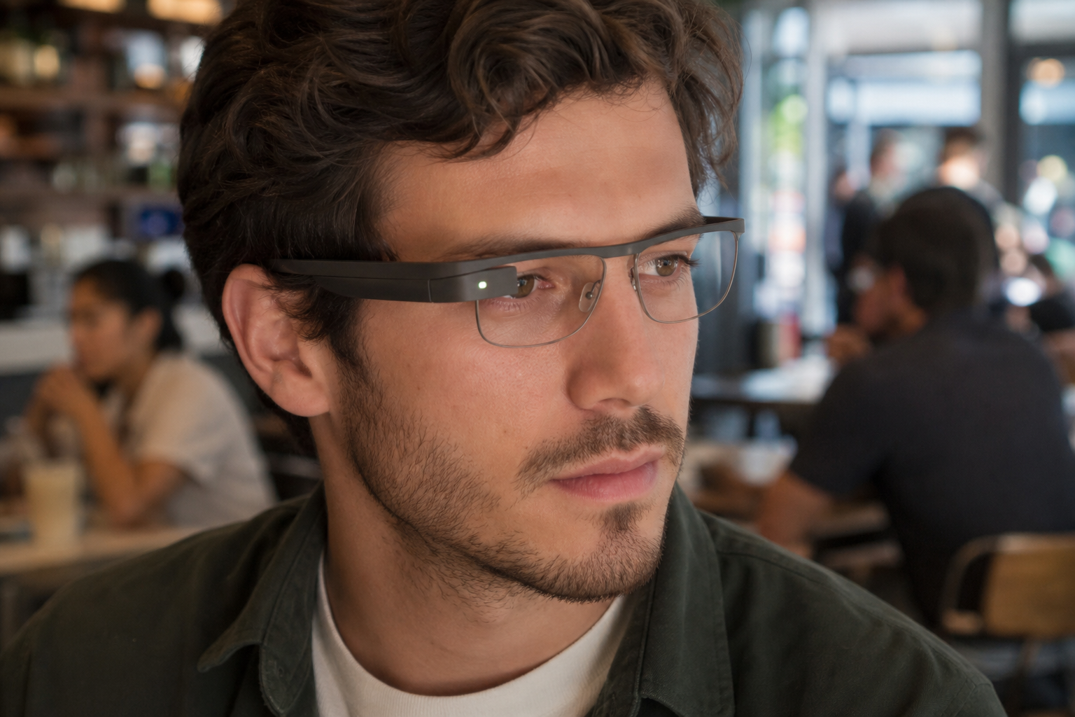 Close-up illustration of a person wearing smart glasses in a busy public café, small glowing light on the frame barely noticeable to people nearby, realistic soft lighting, no dates or text visible