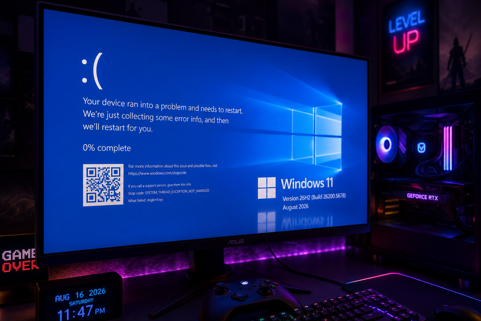 Windows 11 gaming crashes error screen on a gaming PC monitor