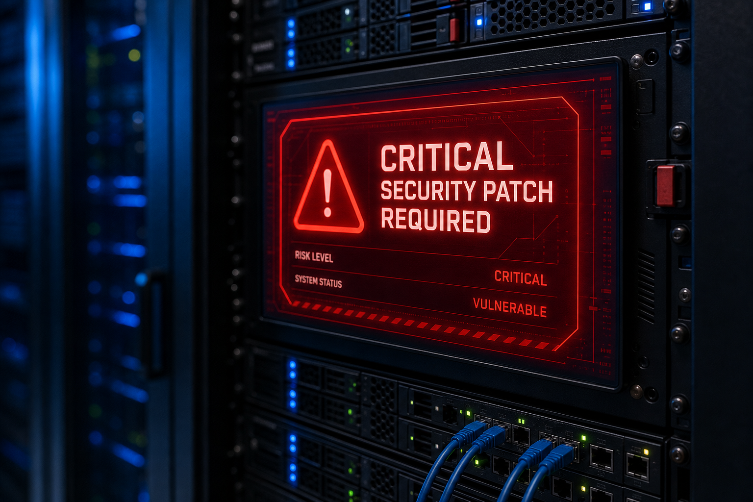 Critical PaperCut zero-day patch alert displayed on a server rack screen