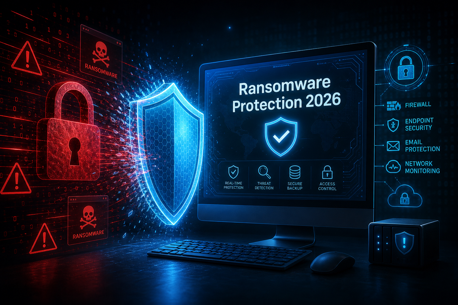 Blue shield blocking ransomware symbols representing modern ransomware protection antivirus