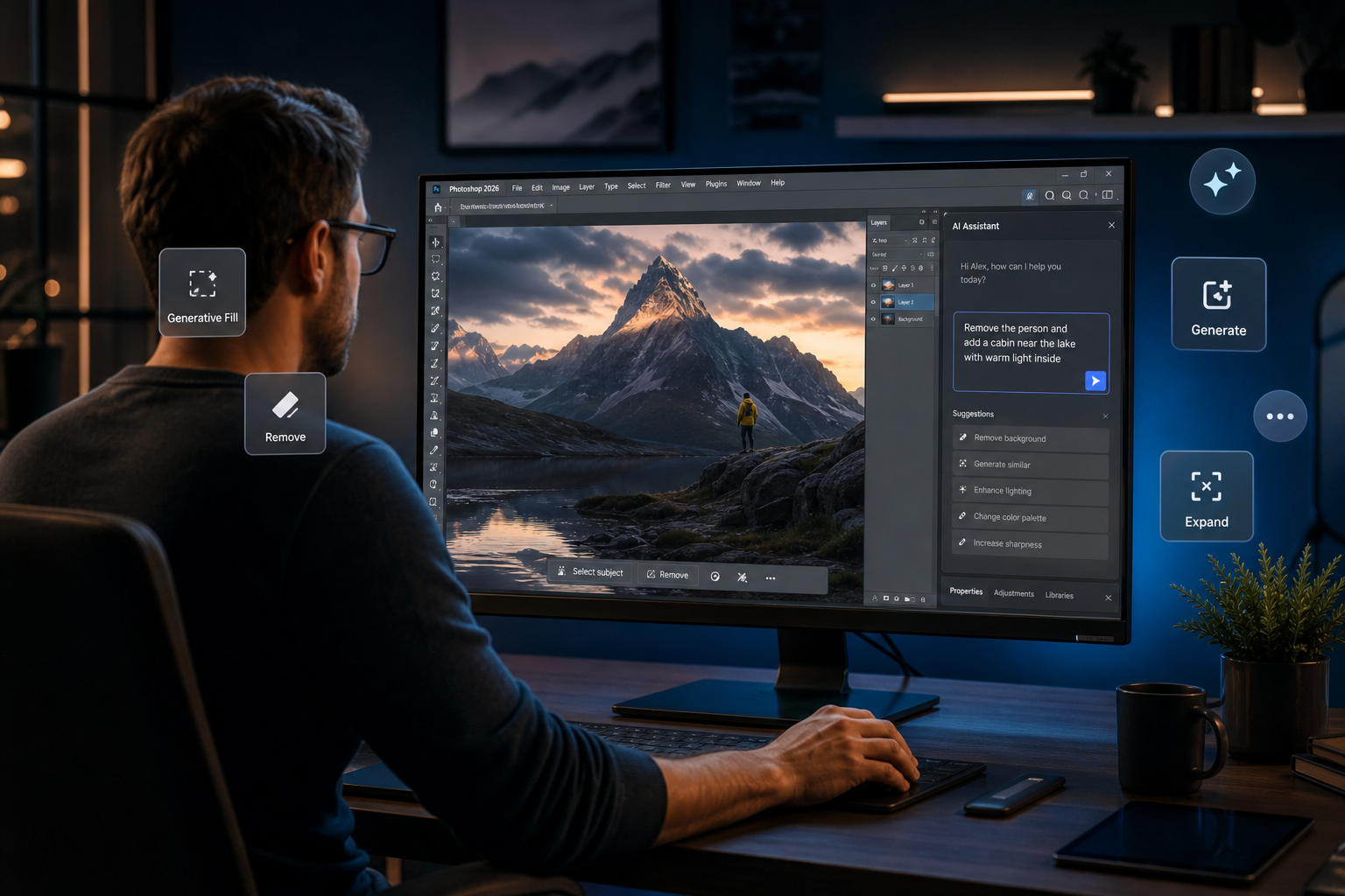 Photoshop AI editor interface showing AI assisted editing panel in 2026