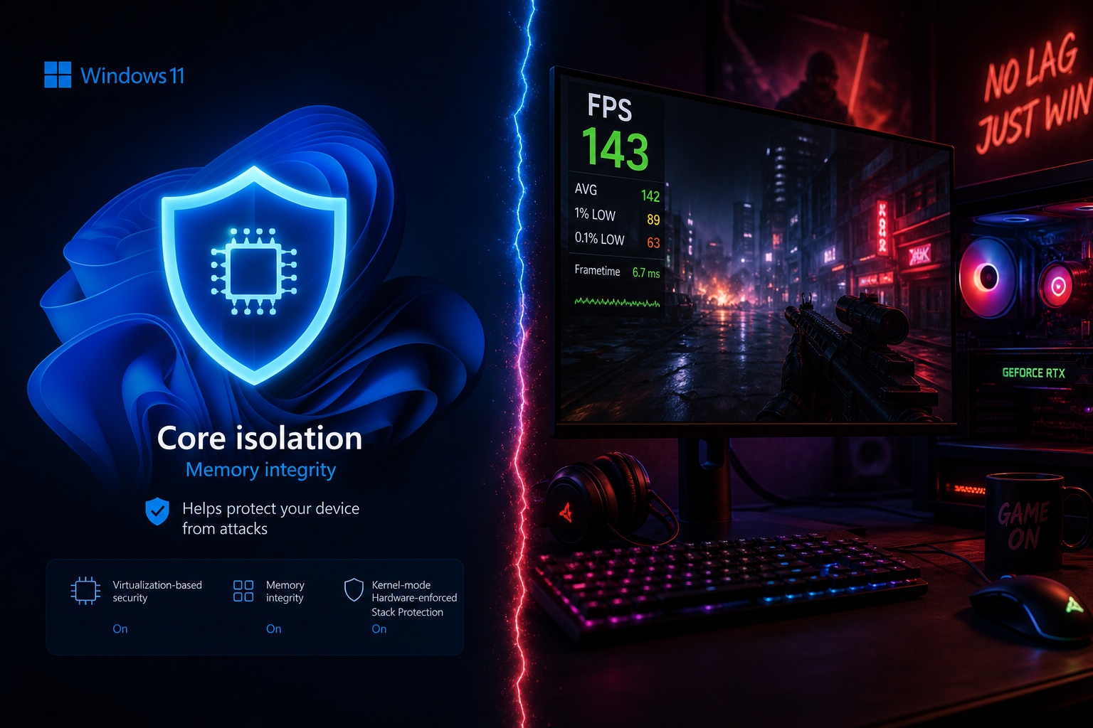 Windows 11 memory integrity security shield versus gaming FPS counter