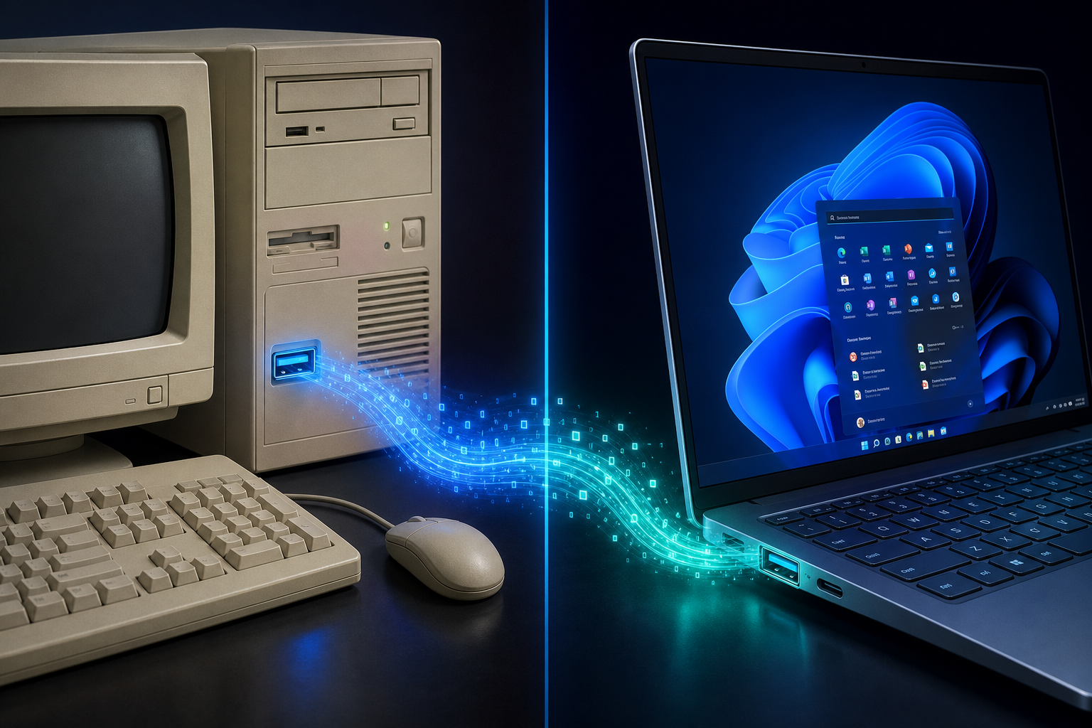 Legacy Windows PC and modern laptop connected via USB driver support