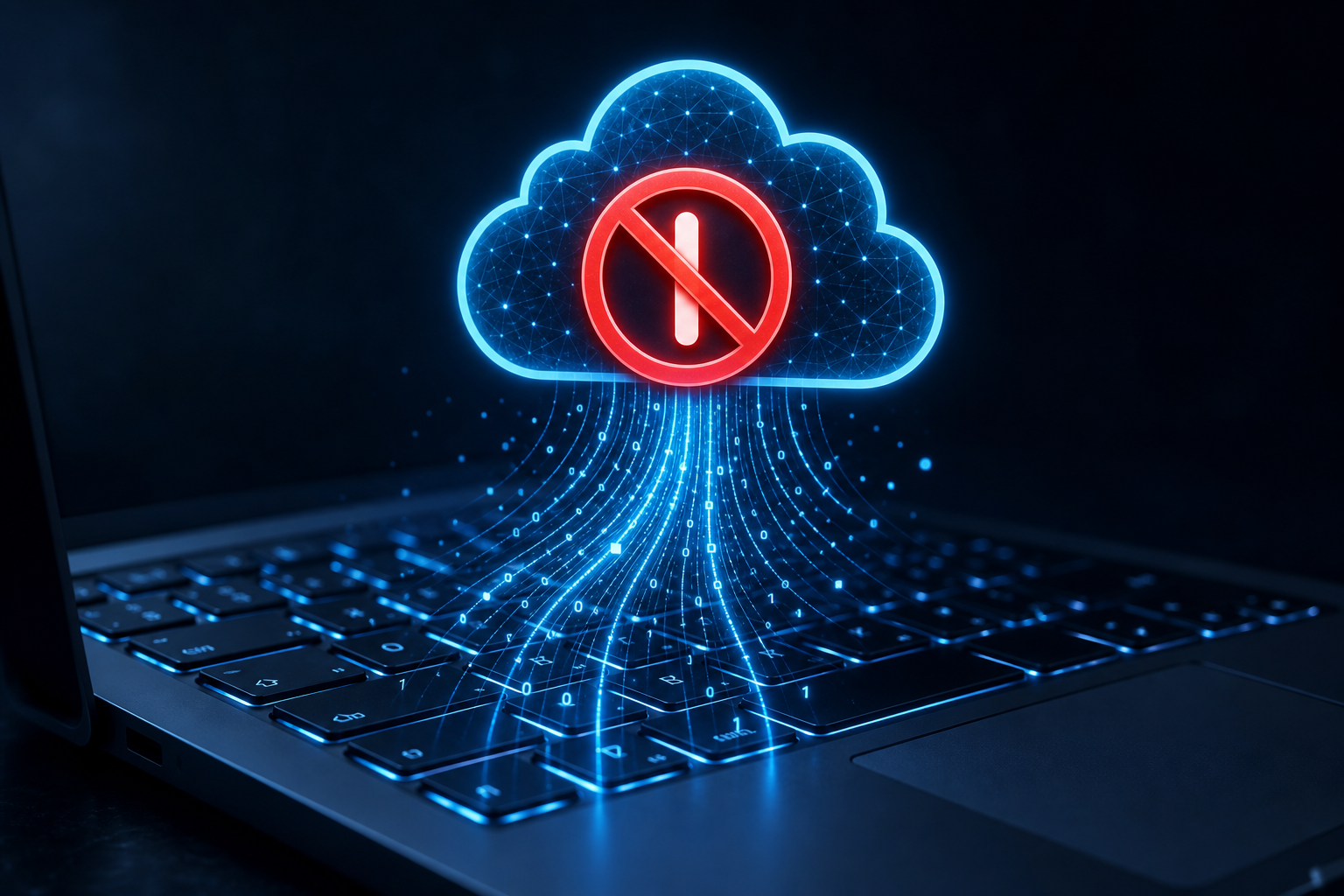 Laptop keyboard with data stream blocked representing Windows typing data collection