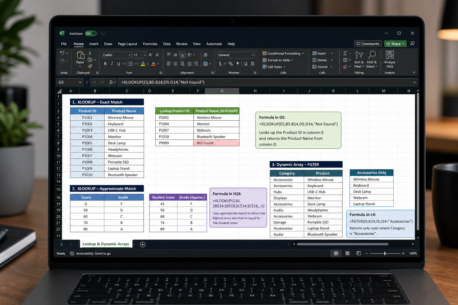 Excel power user functions XLOOKUP and dynamic arrays on a laptop screen