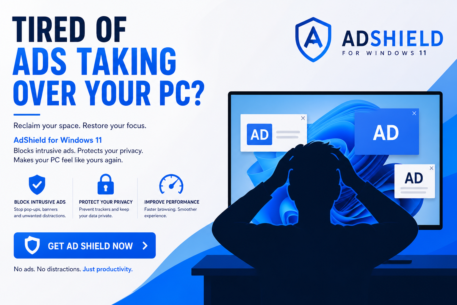 Microsoft wallpaper covered by full-screen Windows 11 desktop ads