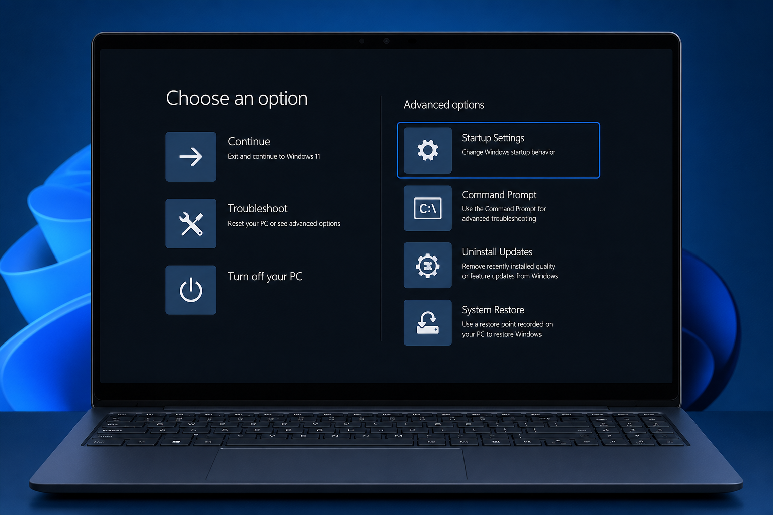 Laptop screen showing how to boot into Safe Mode on Windows 11