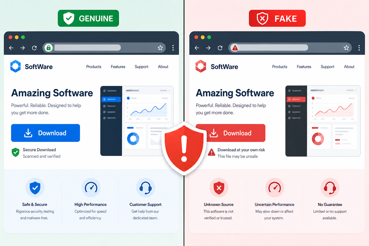 Comparison of genuine site and counterfeit software download page with warning icon