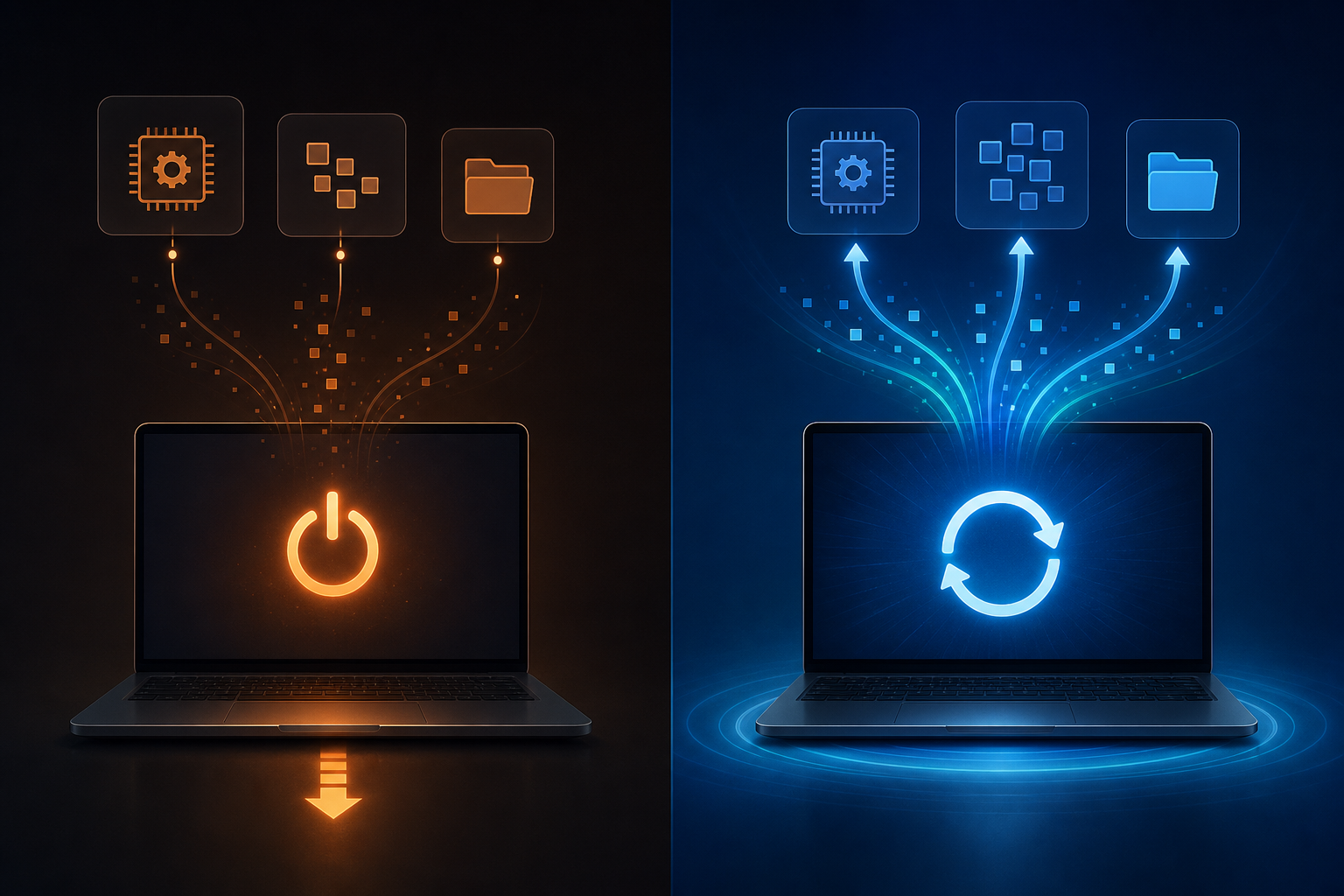 Illustration comparing shutdown vs restart process on a Windows computer