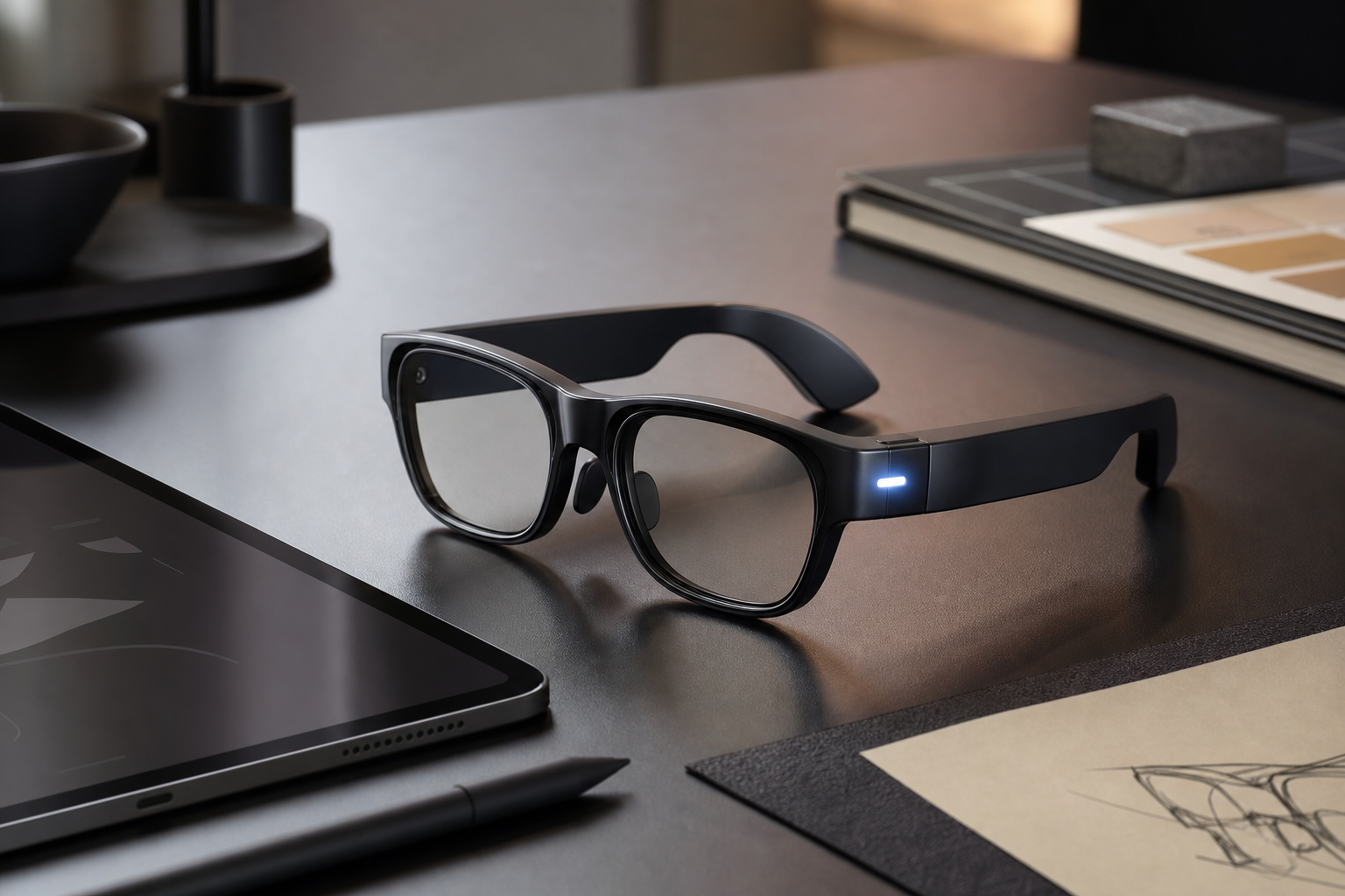 Smart glasses with visible recording indicator light on a designer desk