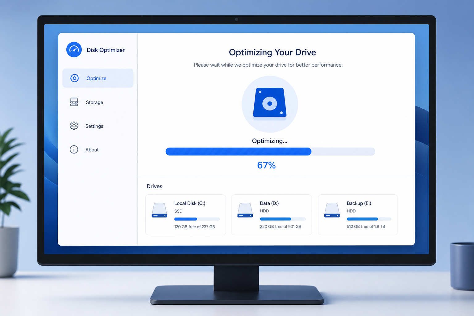 Windows maintenance tool interface showing disk optimization and cleanup progress