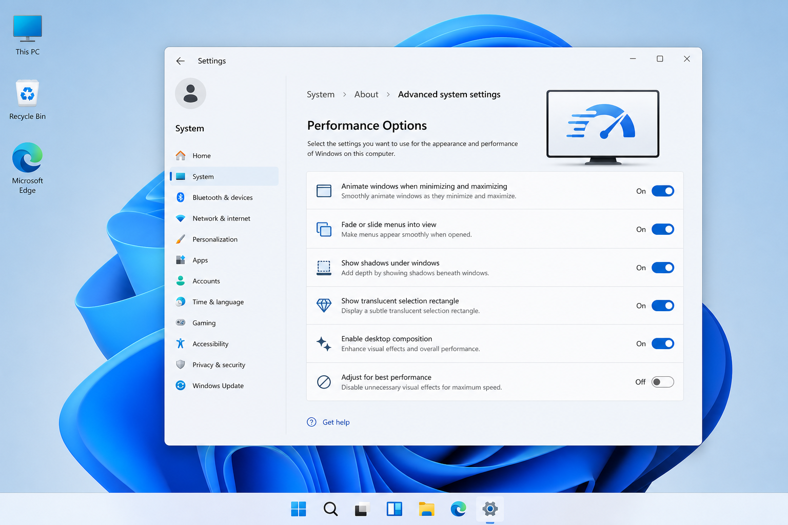 Windows 11 visual effects settings menu to make your PC faster