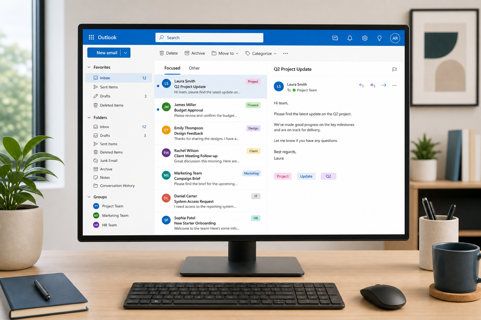 Organized inbox screen showing Outlook management with folders and categories