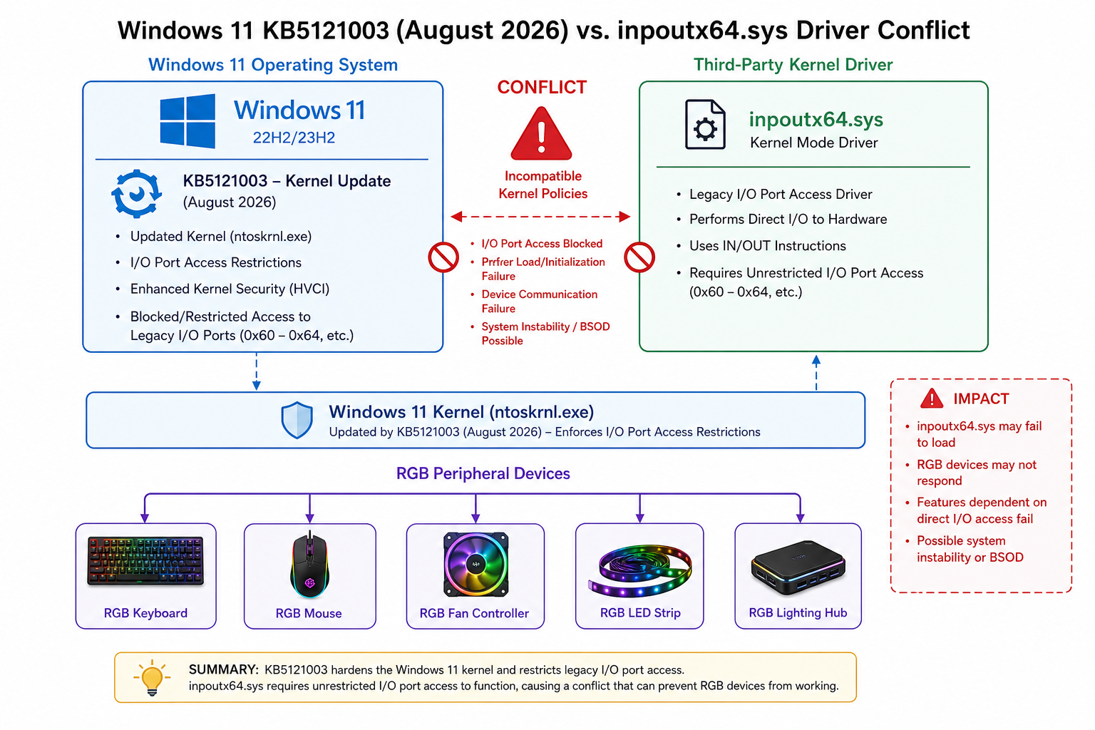 Diagram of Windows 11 gaming crashes caused by inpoutx64.sys driver conflict