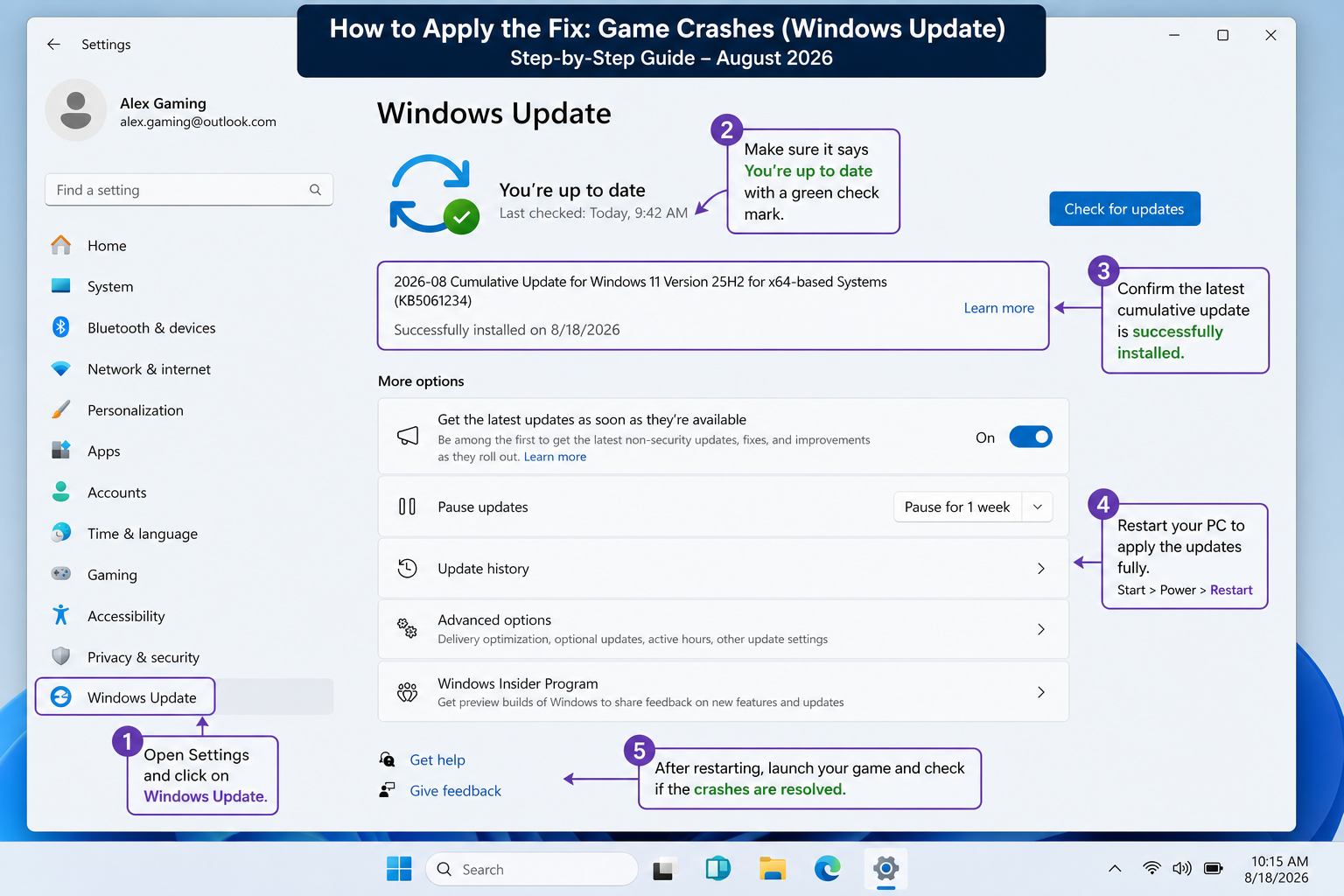 Windows 11 Settings Windows Update screen showing gaming crashes fix steps