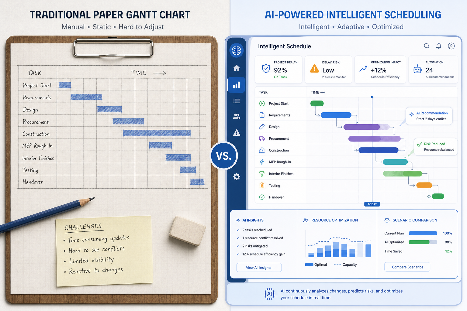 Manual Gantt chart versus AI project scheduling tool side by side comparison