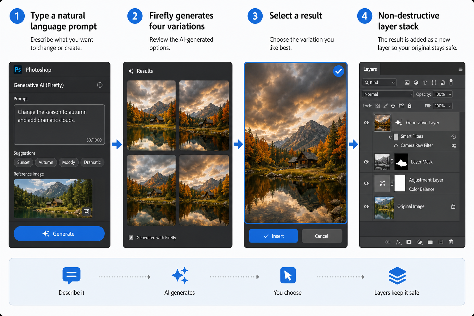 Step-by-step diagram of Photoshop AI editor workflow from prompt to final result