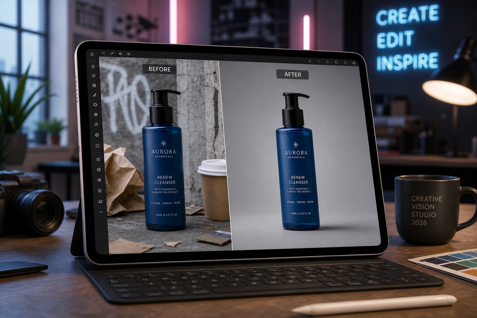 Before and after comparison of AI photo editing using Photoshop AI tools