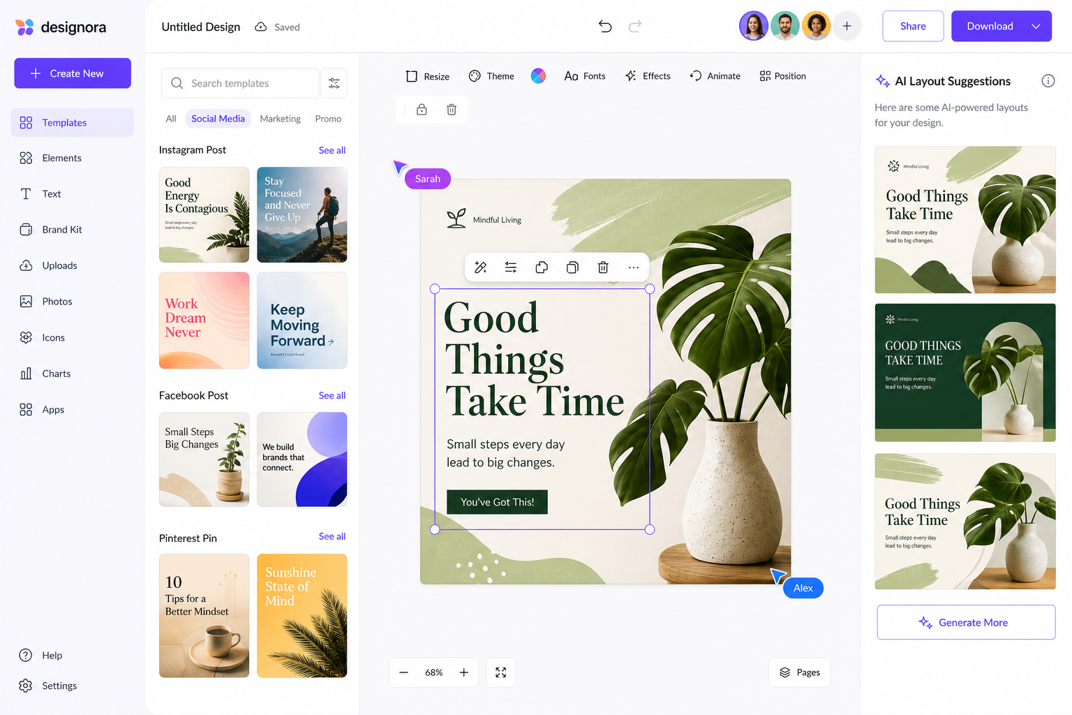 Canva AI-assisted design tool interface showing templates and collaboration features