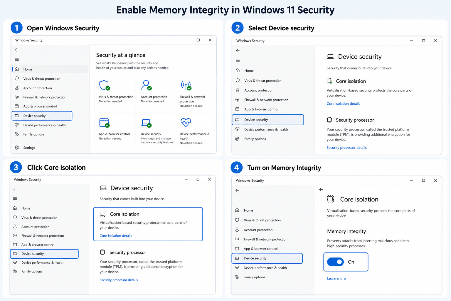 Windows 11 settings screen showing core isolation memory integrity toggle