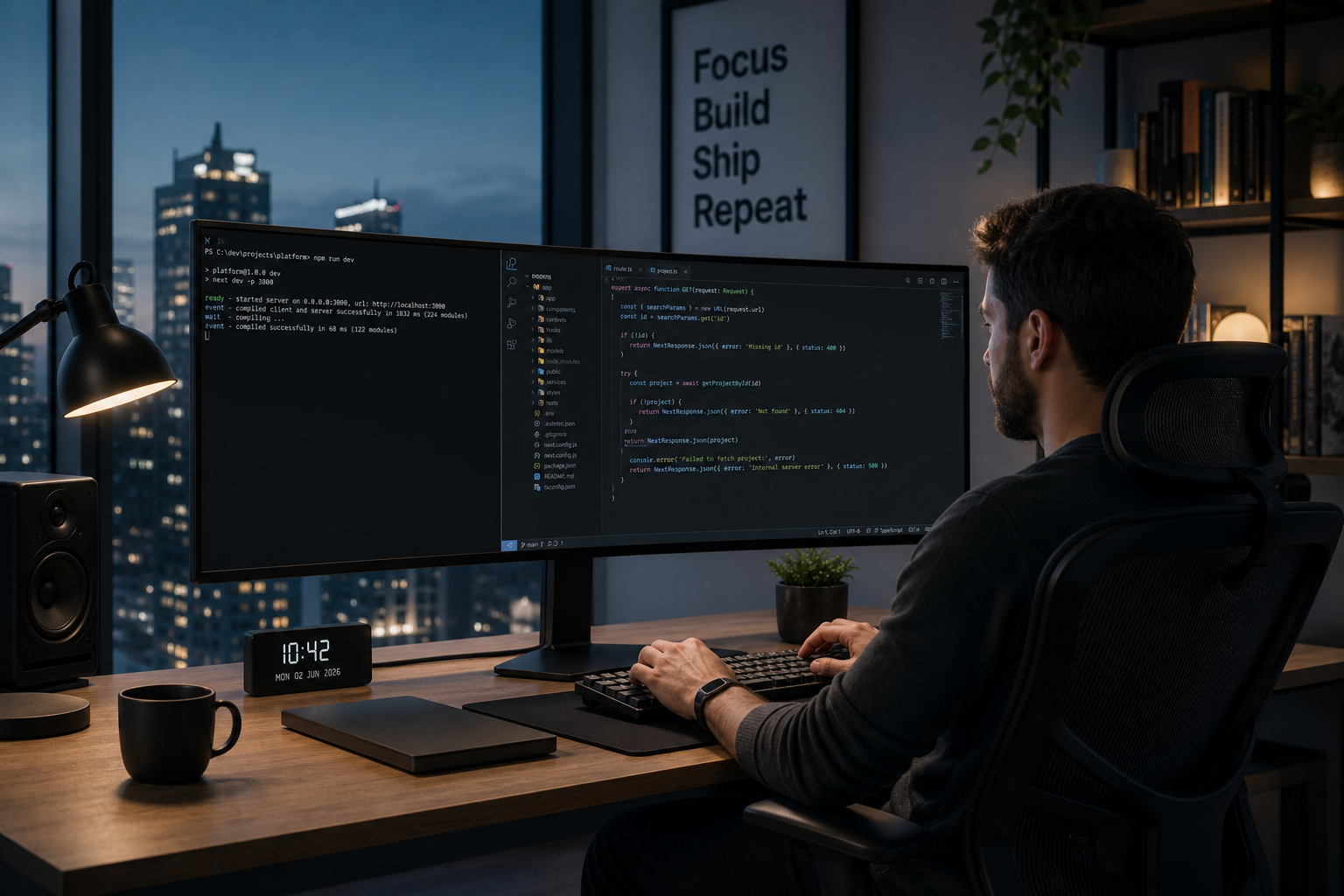 Developer using distraction-free Windows 11 mode for focused coding workflow