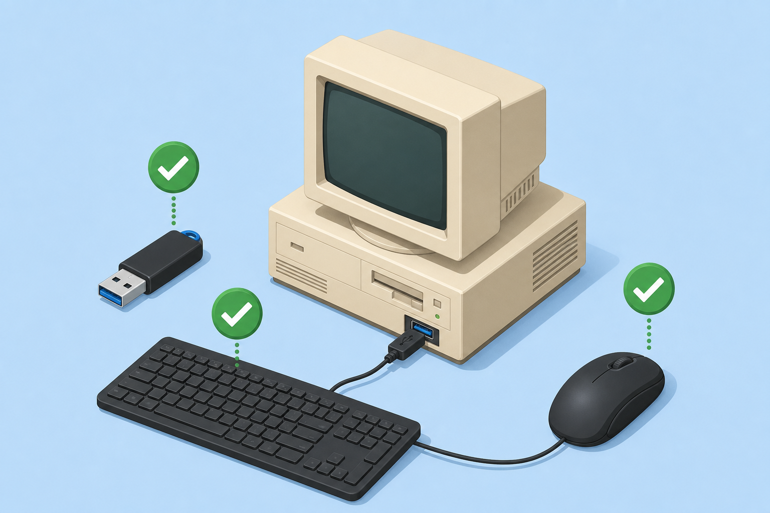 Retro Windows PC with modern USB peripherals showing legacy USB support working