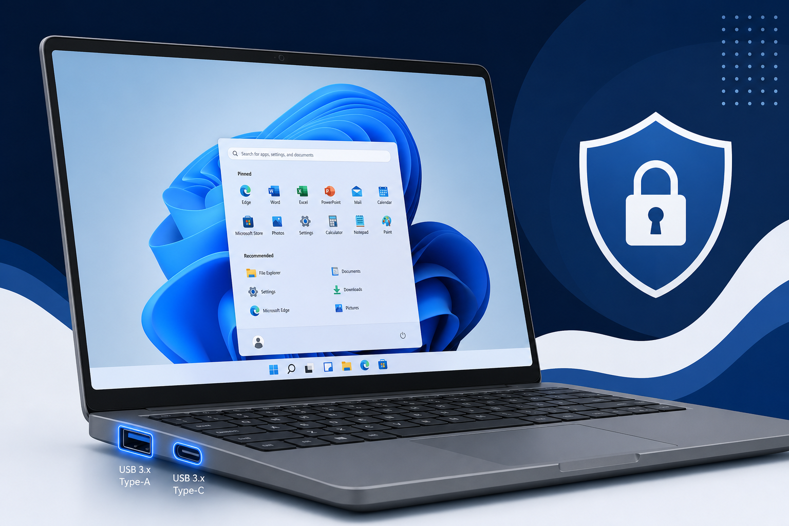 Windows 11 laptop showing modern USB driver support and security shield icon