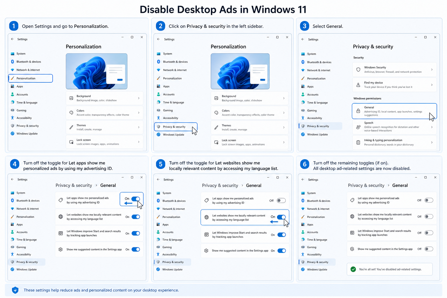 Windows 11 Settings panel showing options to disable desktop ads and Spotlight