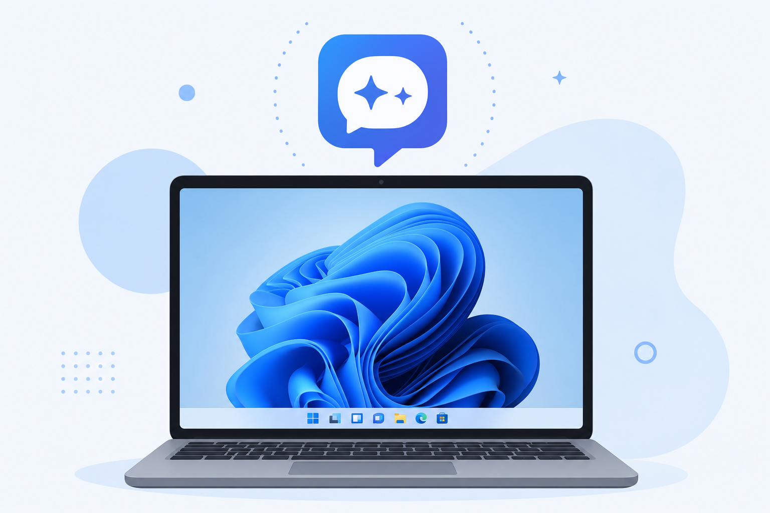 Native Gemini app icon floating above a Windows 11 laptop screen