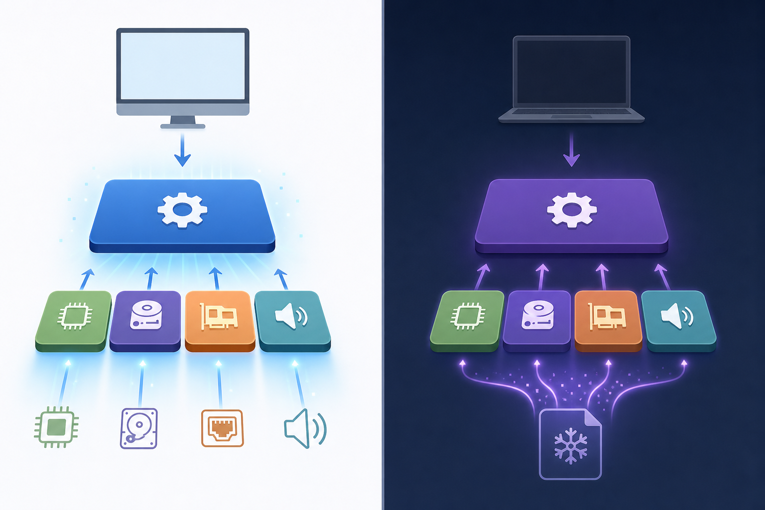 Diagram comparing restart vs shut down Windows kernel and driver reload
